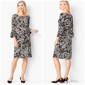Talbots Petites Black White Paisley Career Crepe Flounce Sleeve Dress 4P